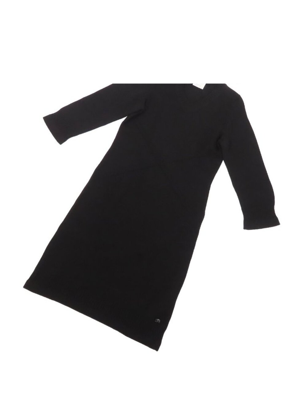 Chanel Knit Dress Black Cashmere Three Quarter Sleeve CC Logo Coco Buttons 36